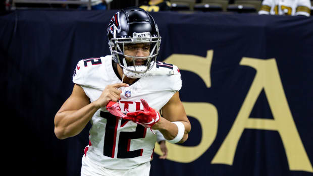 Jan 7, 2024; New Orleans, Louisiana, USA; Atlanta Falcons wide receiver KhaDarel Hodge (12) during warmups against the New Orleans Saints at Caesars Superdome.